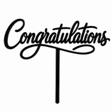 Black acrylic topper reading Congratulations, laser-cut in one piece with its stem