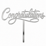 Silver mirror acrylic topper reading Congratulations, laser-cut in one piece with its stem