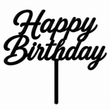Black acrylic topper reading Happy Birthday, laser-cut in one piece with its stem