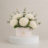 Hydrangea White in Box – white hydrangeas in Affy's signature hat box, Dubai