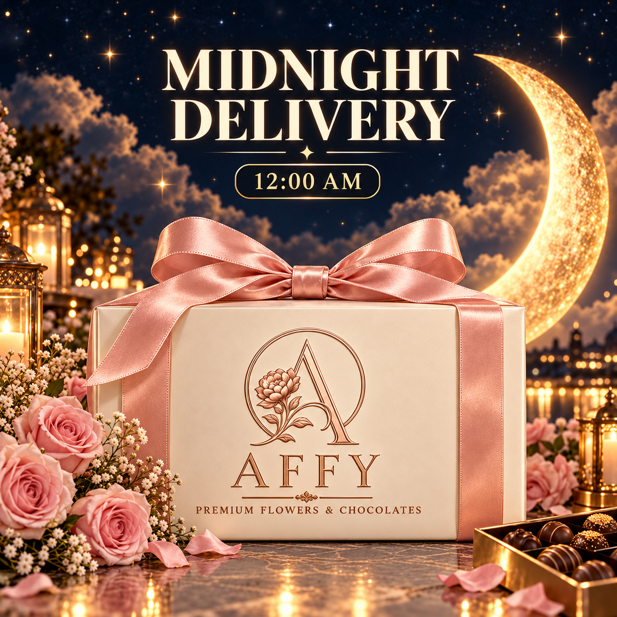 Affy midnight delivery gift box with rose-gold ribbon, pink roses and chocolates under a crescent moon — flowers and gifts delivered at 12:00 AM in Dubai
