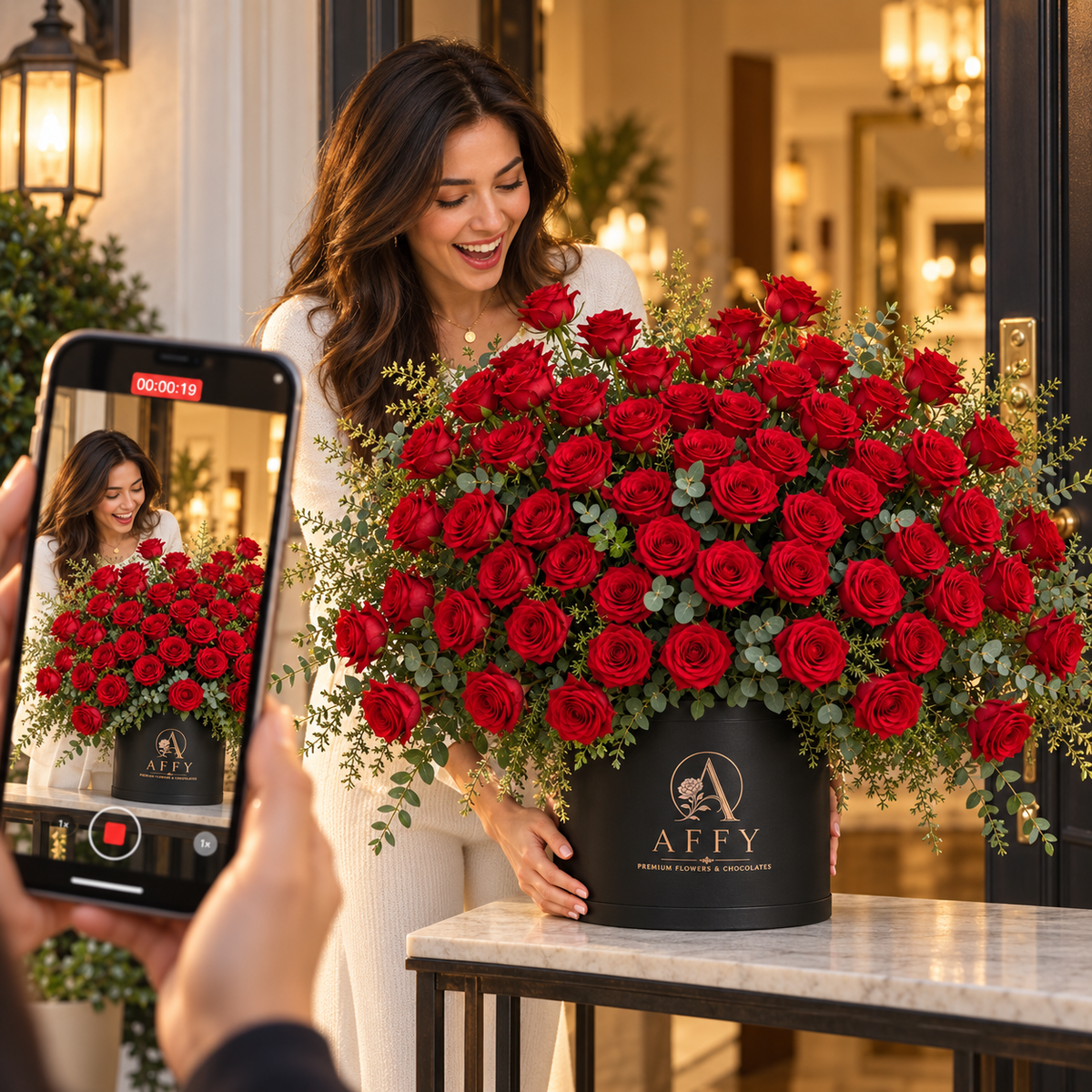Woman smiling as she receives a black Affy hat box of red roses at her door, filmed on a phone — Affy reaction video add-on in Dubai